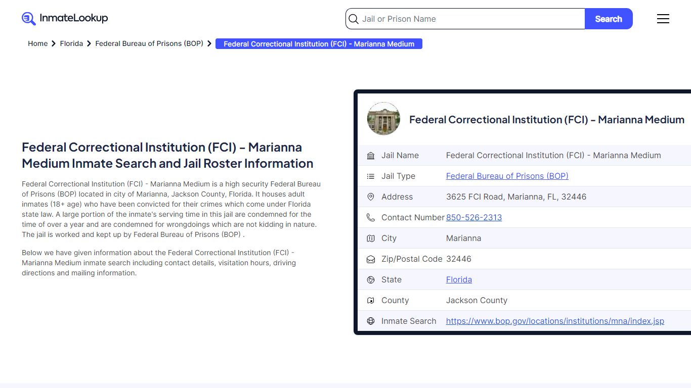Federal Correctional Institution (FCI) - Marianna Medium Inmate Search ...